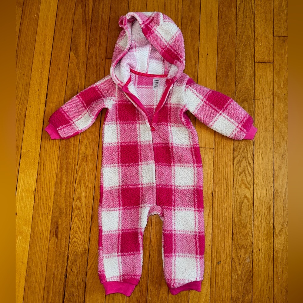 Carters 18 months fleece Pink and White hooded one piece